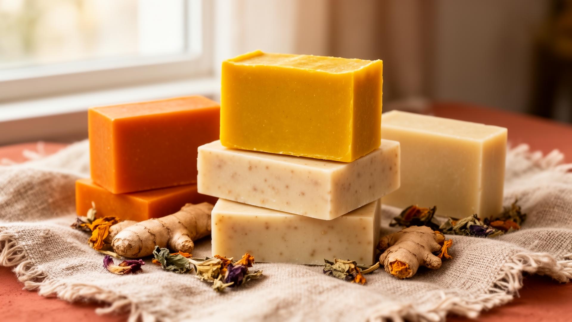 Stacked natural soap bars with ginger and turmeric